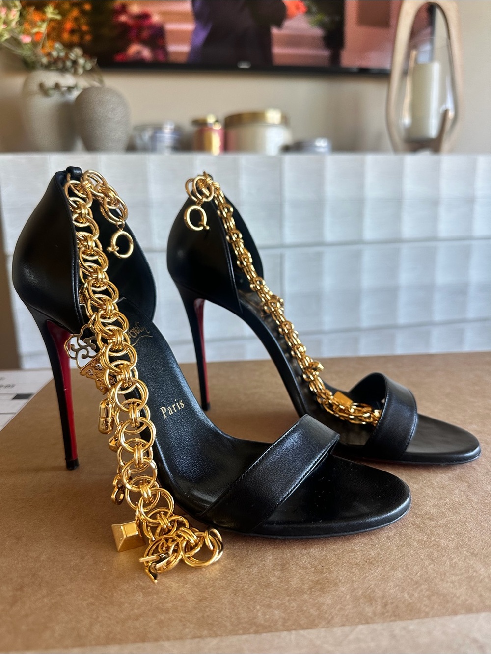 Christian Louboutin Black Leather Stiletto Sandals with Gold Chain Detail